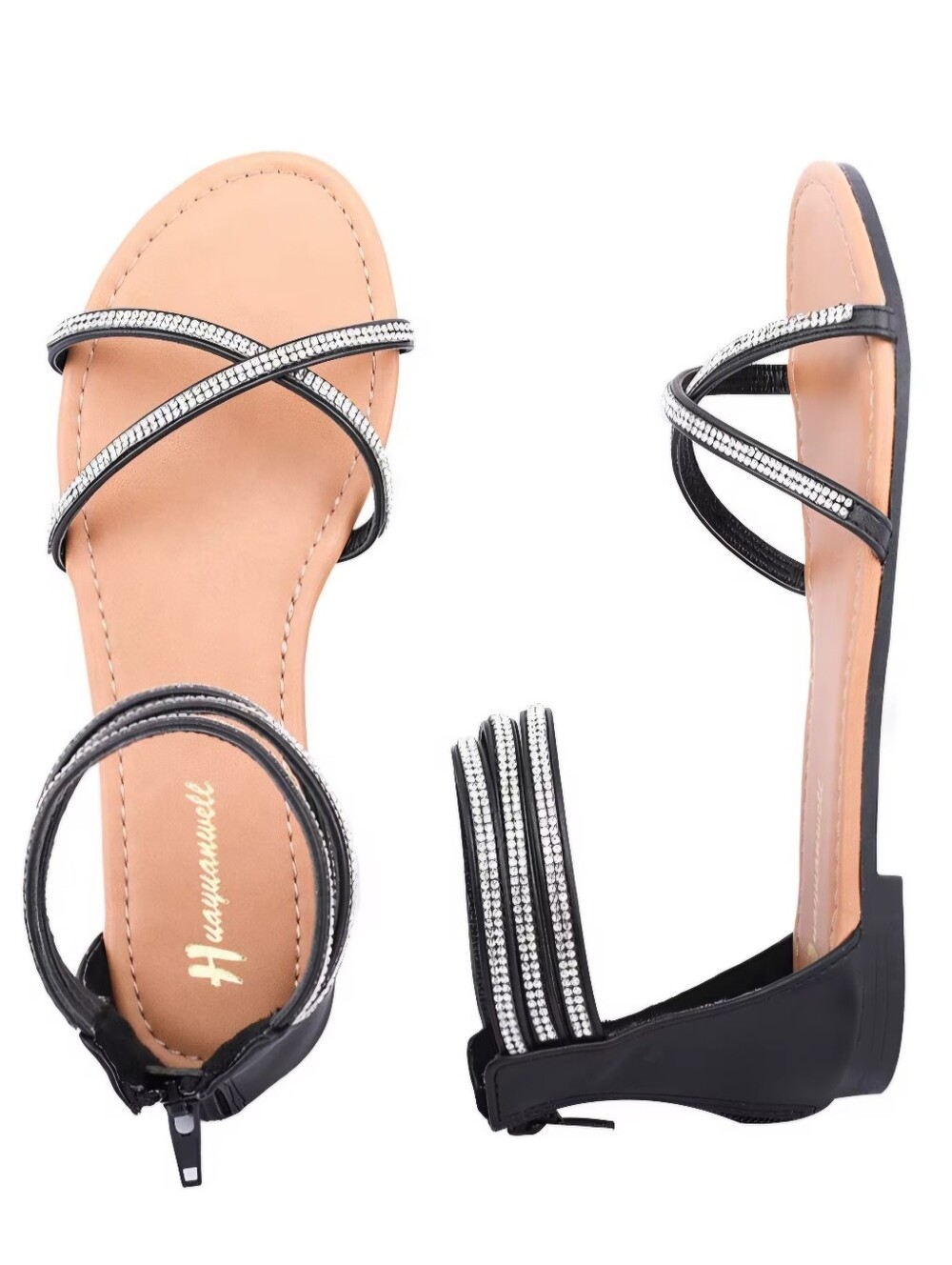 Huayuanwell Strappy Rhinestone Flat Sandals, Size 11, NWT